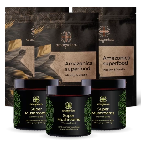 Super Mushrooms 60 капсул по 600 mg 3 шт + Amazonica Superfood 3 шт